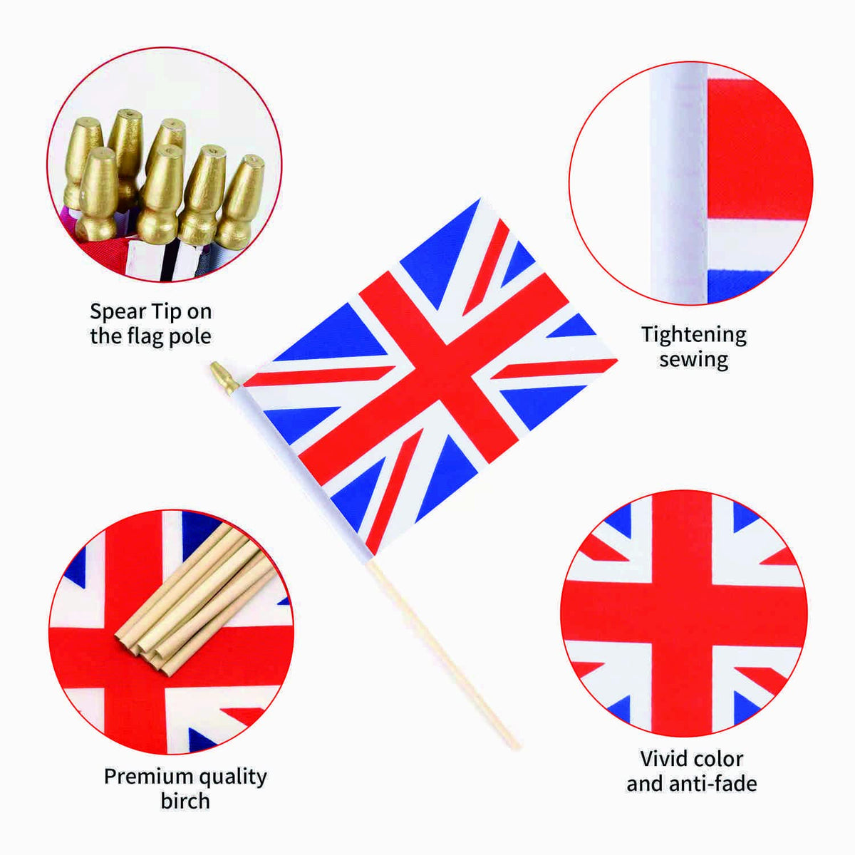Ckexin UK flag close-up shows durable stitching and safe spear tip.