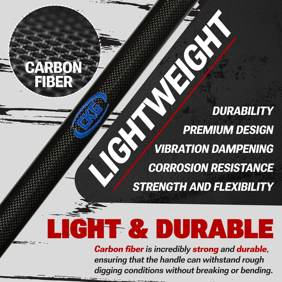 CKG carbon metal detecting shovel showing lightweight carbon handle for easy use
