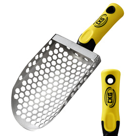 CKG hand sand scoop with yellow handle for fast beach metal detecting and sand clearing.