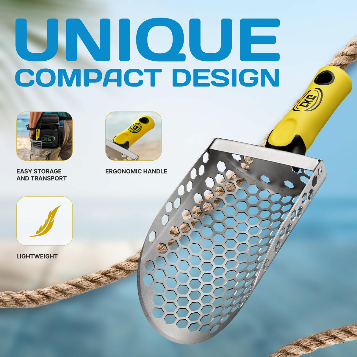 CKG metal-detecting shovel on the beach for durable digging and treasure recovery.