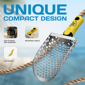 CKG metal-detecting shovel on the beach for durable digging and treasure recovery.