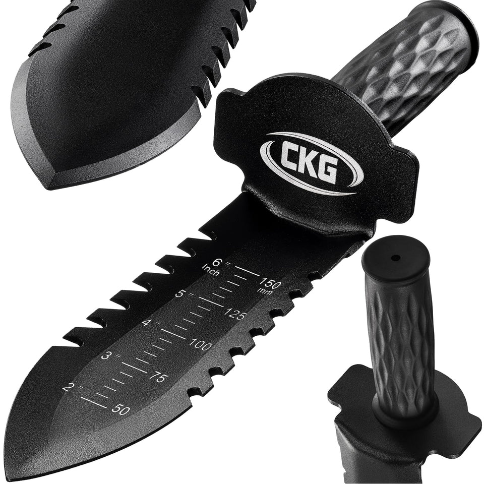 CKG metal detecting shovel with double serrated blade for fast, precise digging