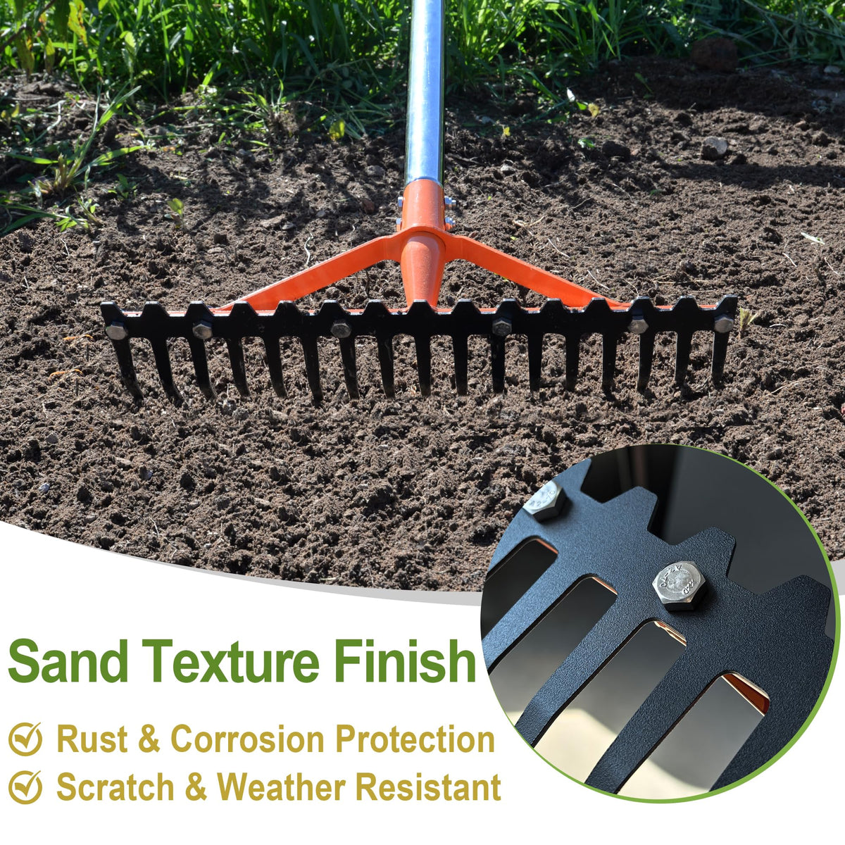CKLT Garden Rake features an adjustable 62-inch handle for comfortable, back-friendly operation.