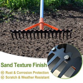 CKLT Garden Rake features an adjustable 62-inch handle for comfortable, back-friendly operation.