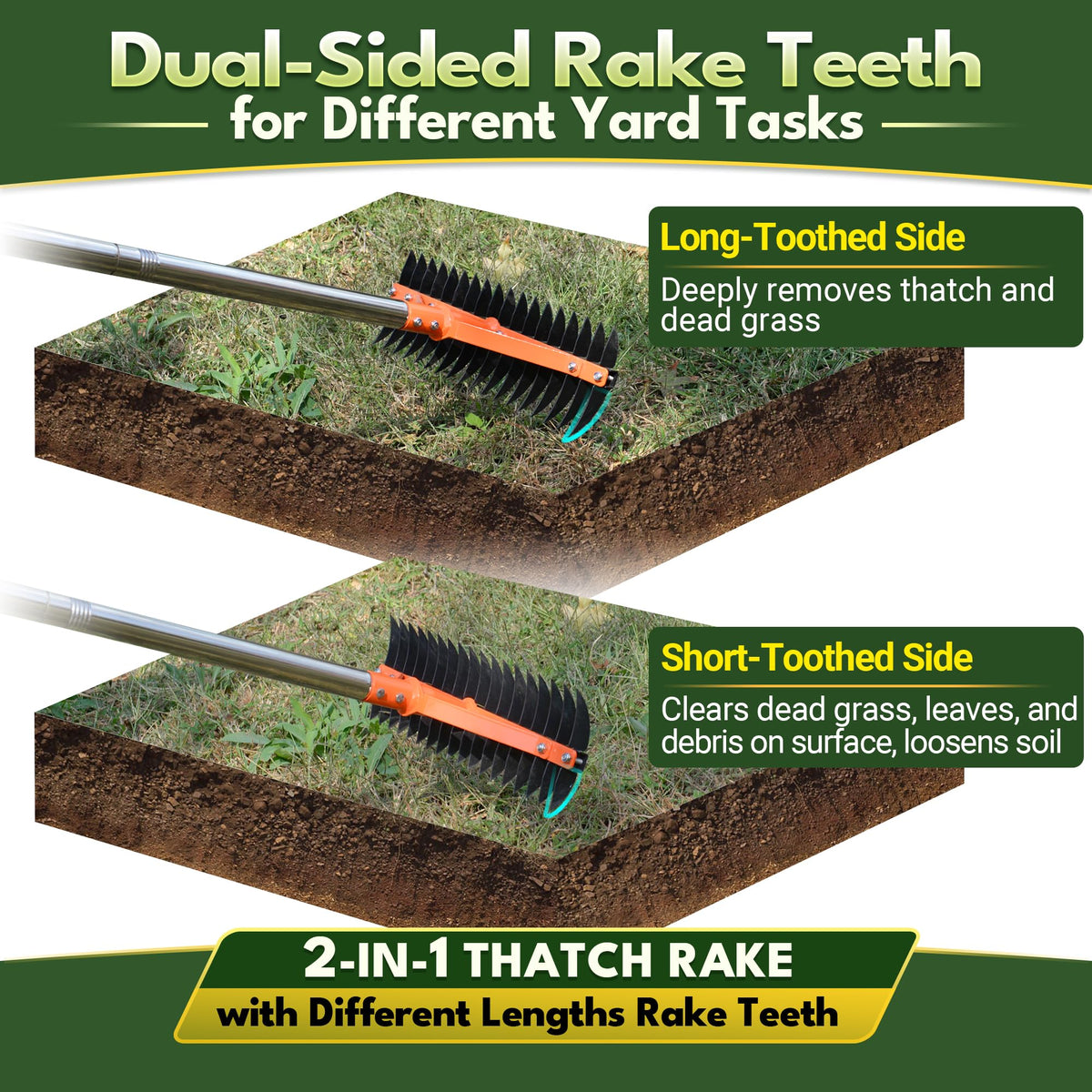 CKLT Thatch Rake 62.5-inch handle enables back-friendly lawn care