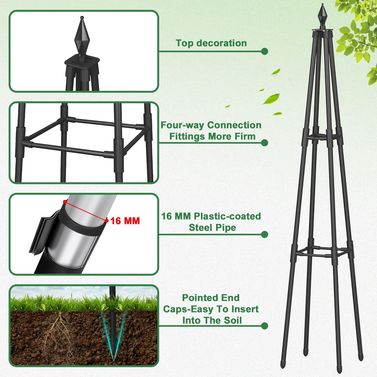 CL FUN Obelisk trellis allows tool-free assembly for quick setup.