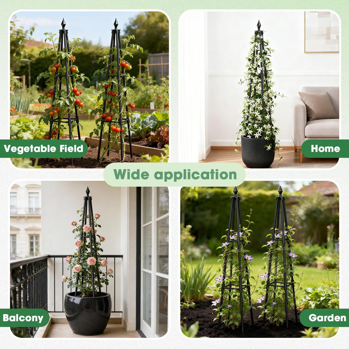 CL FUN Obelisk trellis blends with garden decor while remaining sturdy.