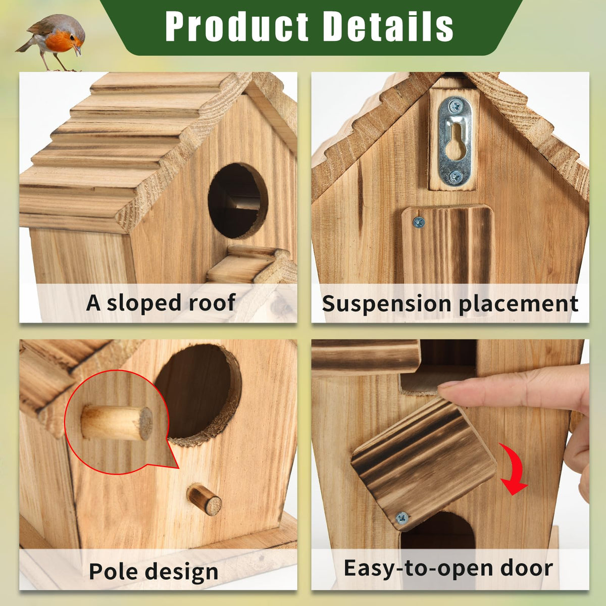 CLACKIBUKVYZ bird house close-up windows shows natural wood and sturdy design