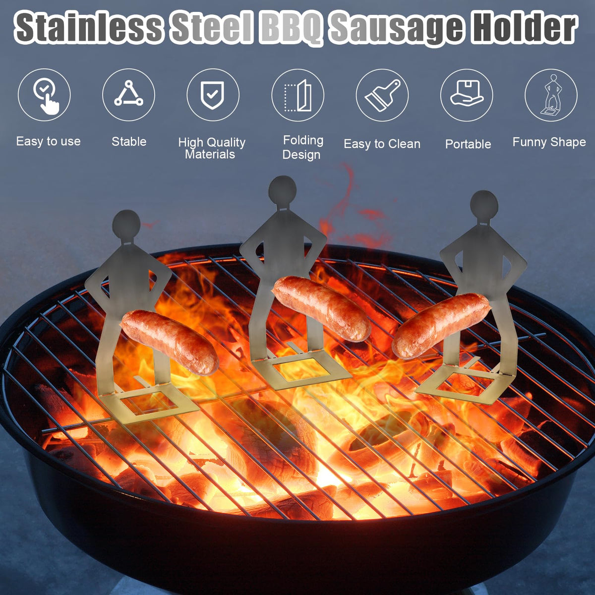 Clapery hot dog holder stand secures sausages for even outdoor grilling