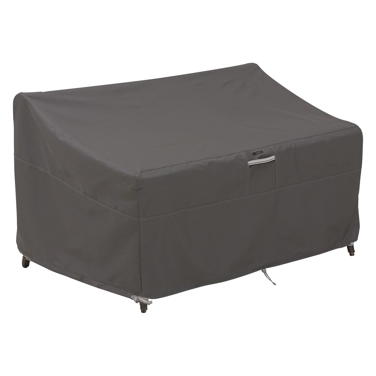 Classic Accessories Ravenna loveseat cover protecting deep-seated furniture from rain and sun.