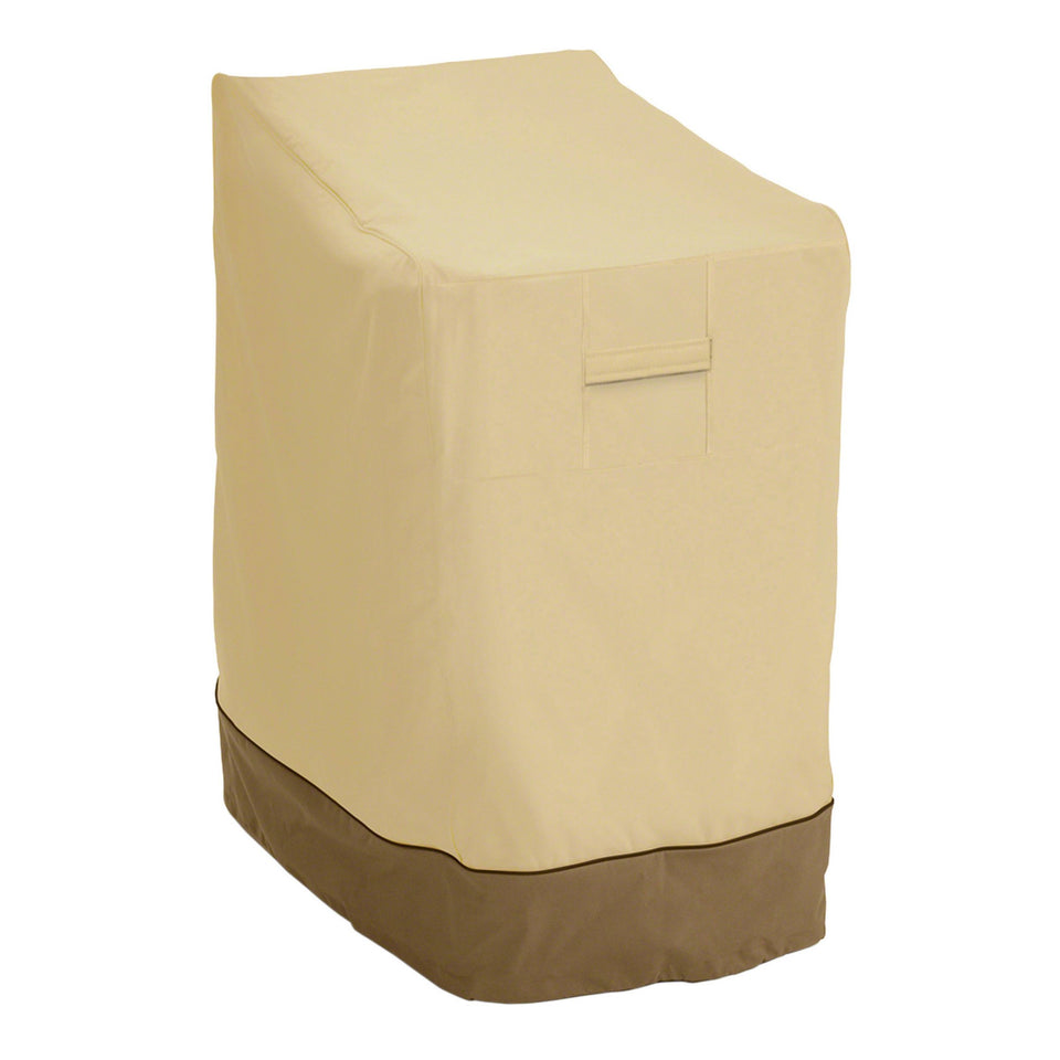 Classic Accessories Veranda chair cover on stacked chairs protects from rain and dust.