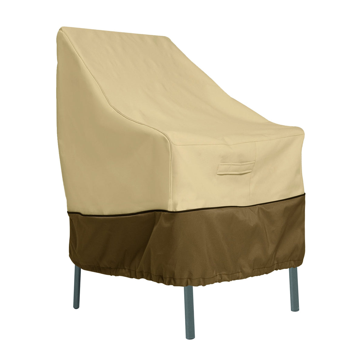 Classic Accessories Veranda pebble chair cover top view protecting a high-back chair from rain