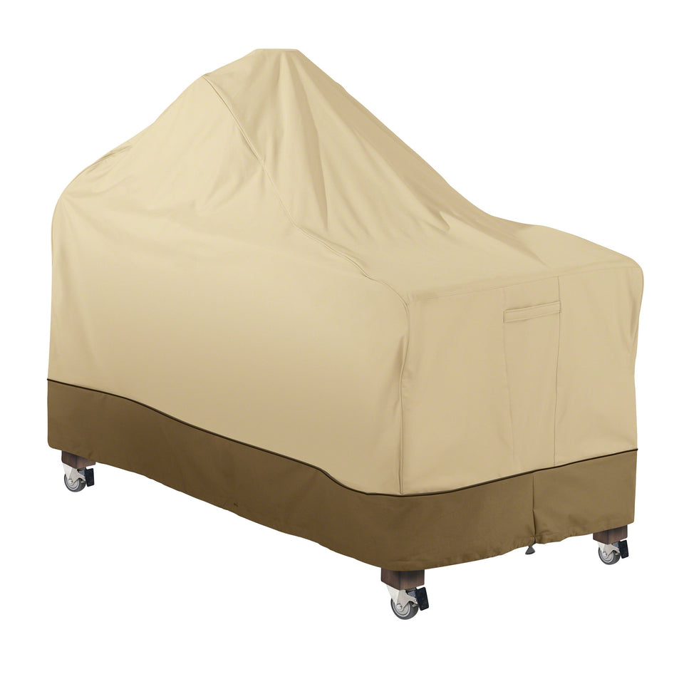 Classic Accessories Veranda 60-inch Kamado cover protecting a grill from rain and sun.