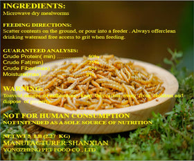 Classic Flock 5lb dried mealworms shown in a feeding cup for birds.
