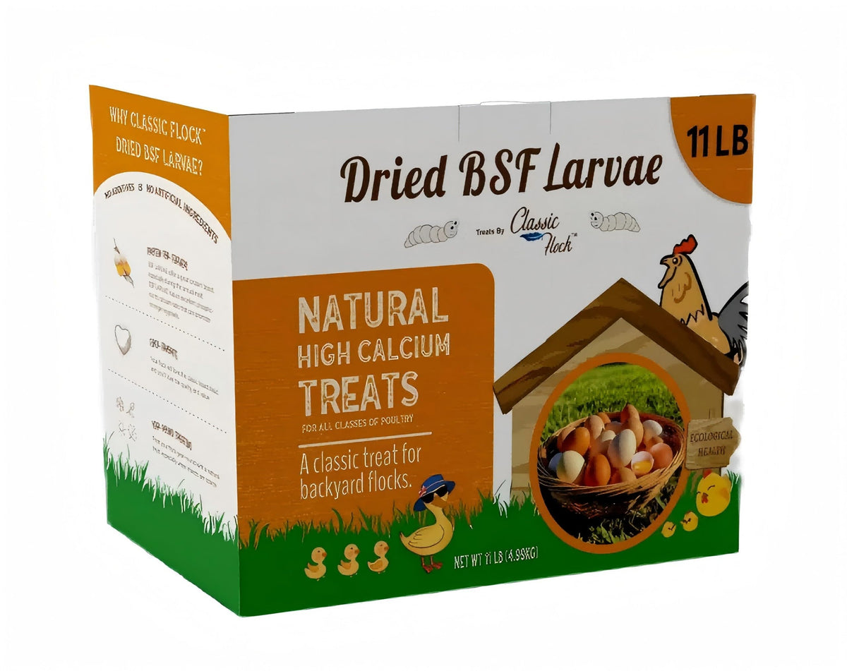 Classic Flock BSFL 11lb bag sealed, showcasing premium calcium-rich poultry feed