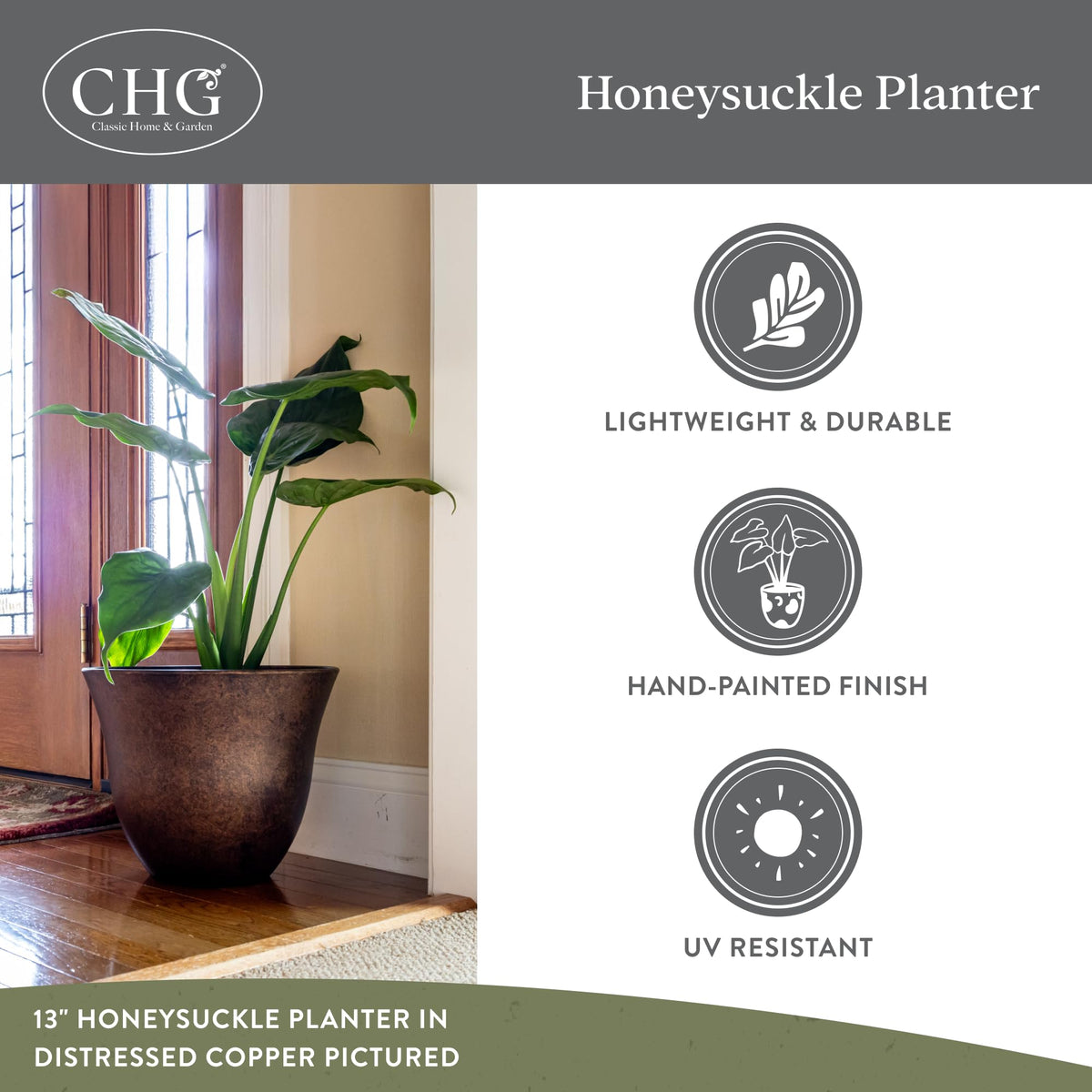Classic Home and Garden Honeysuckle resin planter resists sun fading with UV protection.