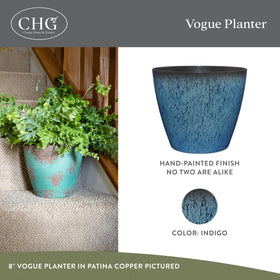 Classic Home and Garden Vogue 8-inch Indigo Planter side view highlighting lightweight, durable resin.