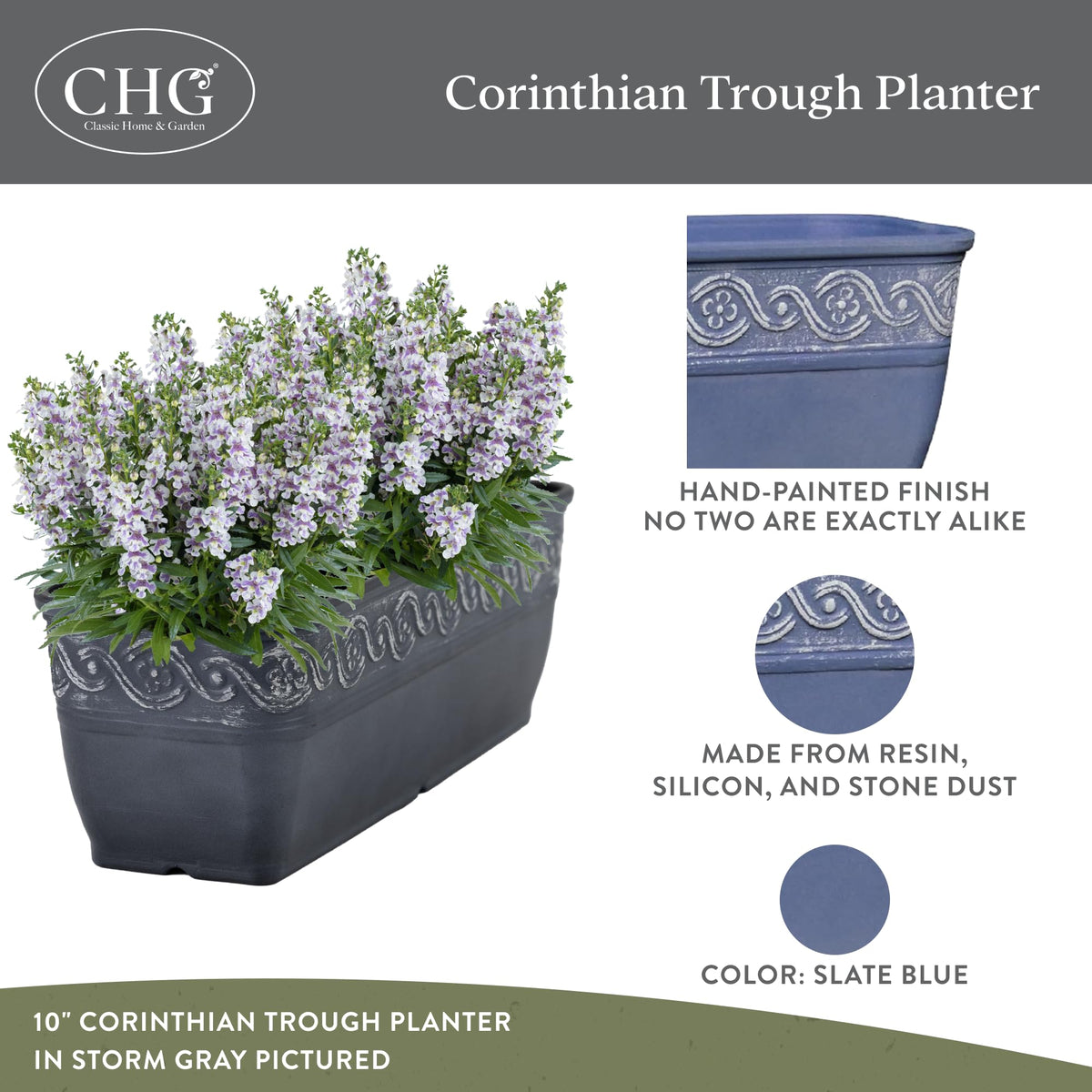 Classic Home and Garden Corinthian trough planter side view highlighting slim profile for balconies.