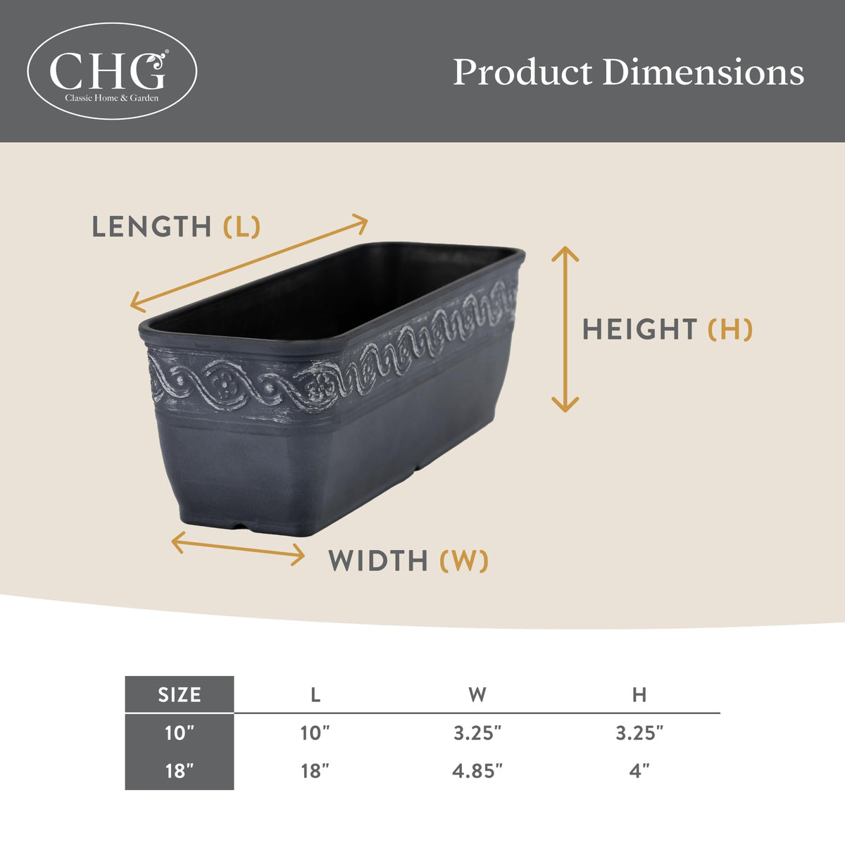 Classic Home and Garden Corinthian trough planter UV-resistant finish keeps slate blue vibrant outside.