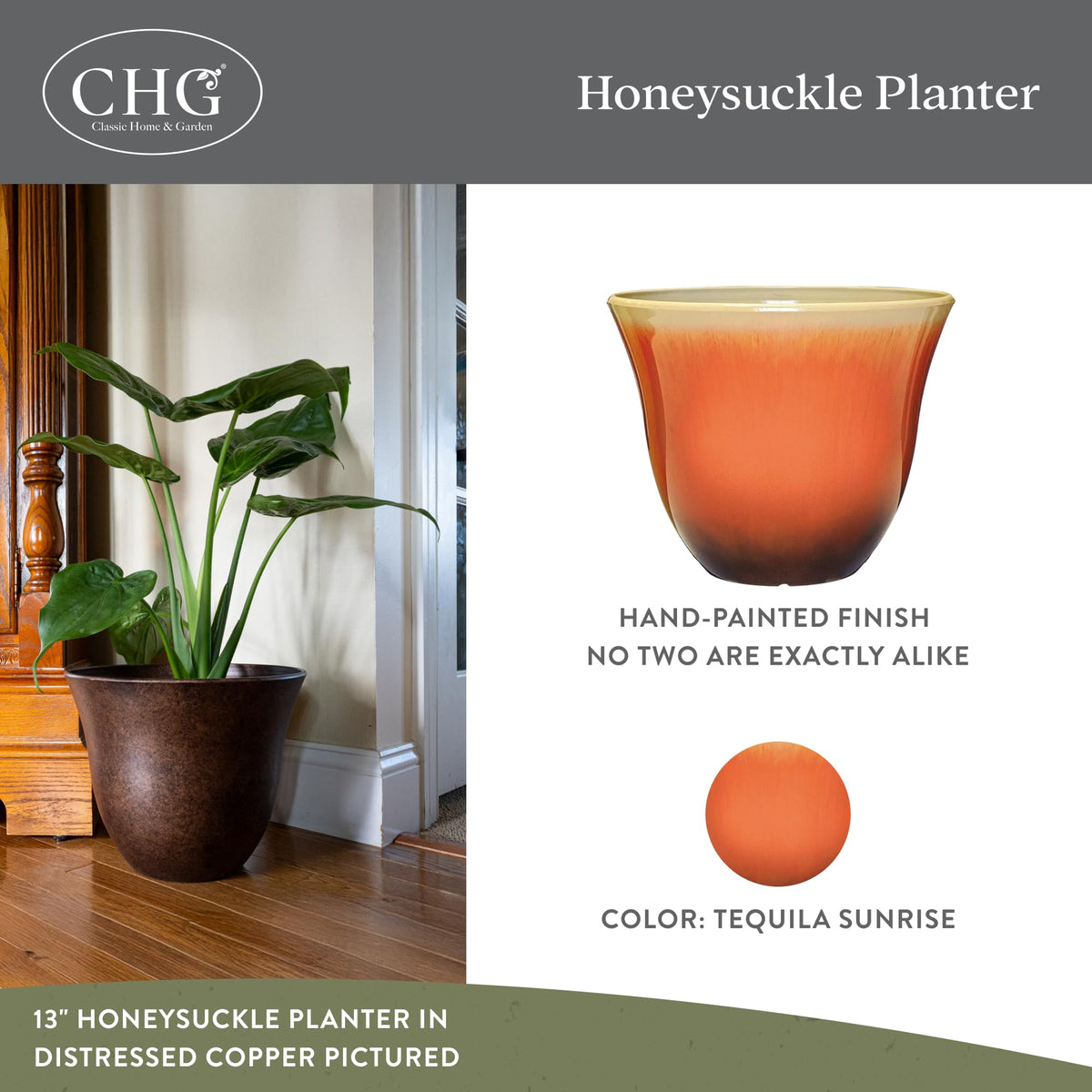 Honeysuckle resin planter viewed from the side shows lightweight durability.