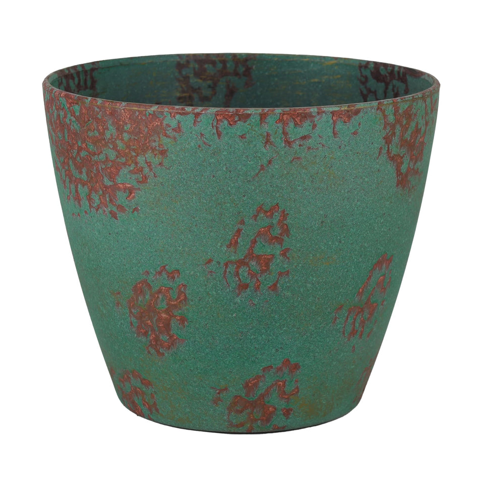 Classic Home & Garden Vogue 8in planter with patina copper finish for outdoor spaces.