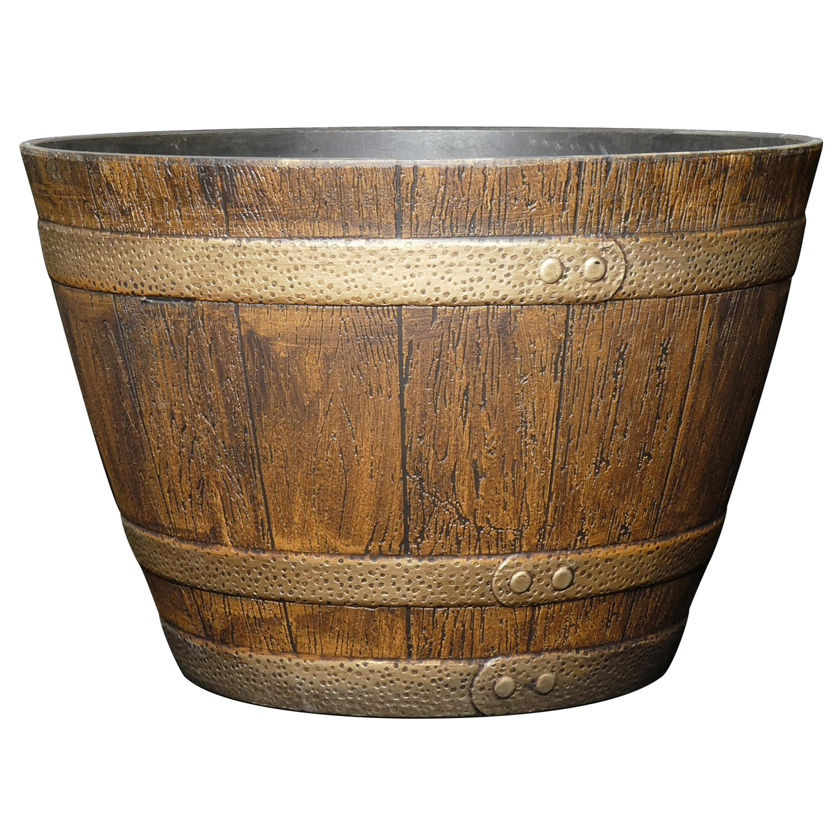 Classic Home and Garden whiskey barrel planter front view in oak brown finish, ideal outdoor decor.