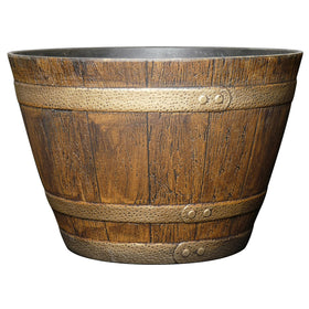 Classic Home and Garden whiskey barrel planter front view in oak brown finish, ideal outdoor decor.
