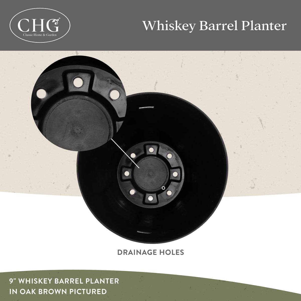 Classic Home and Garden whiskey barrel planter displayed indoors with lush greenery.