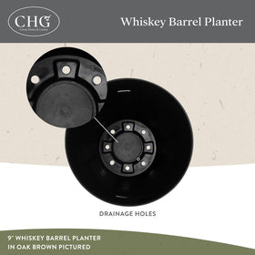 Classic Home and Garden whiskey barrel planter displayed indoors with lush greenery.