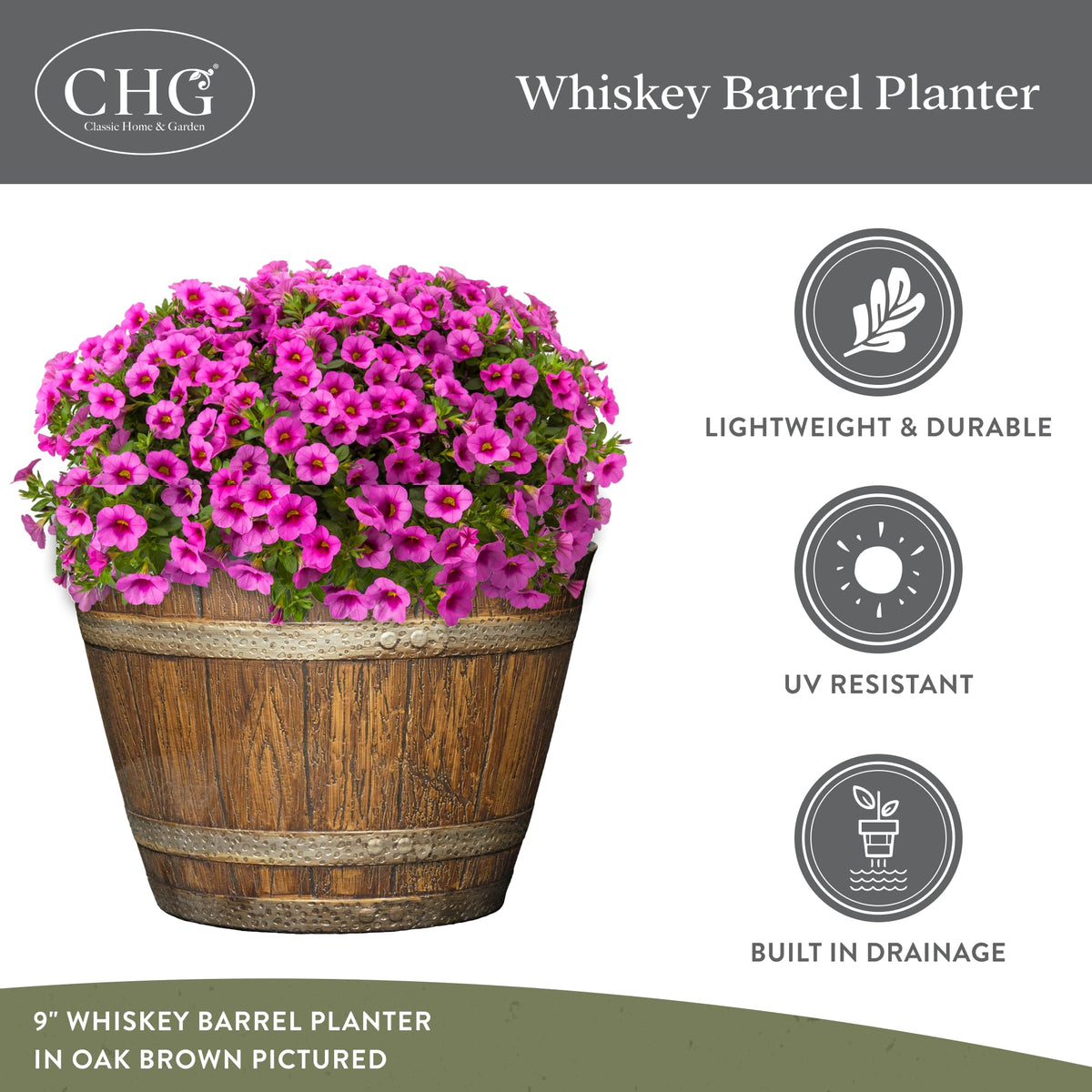 Outdoor porch setup with whiskey barrel planter adding vintage charm.