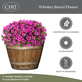 Outdoor porch setup with whiskey barrel planter adding vintage charm.