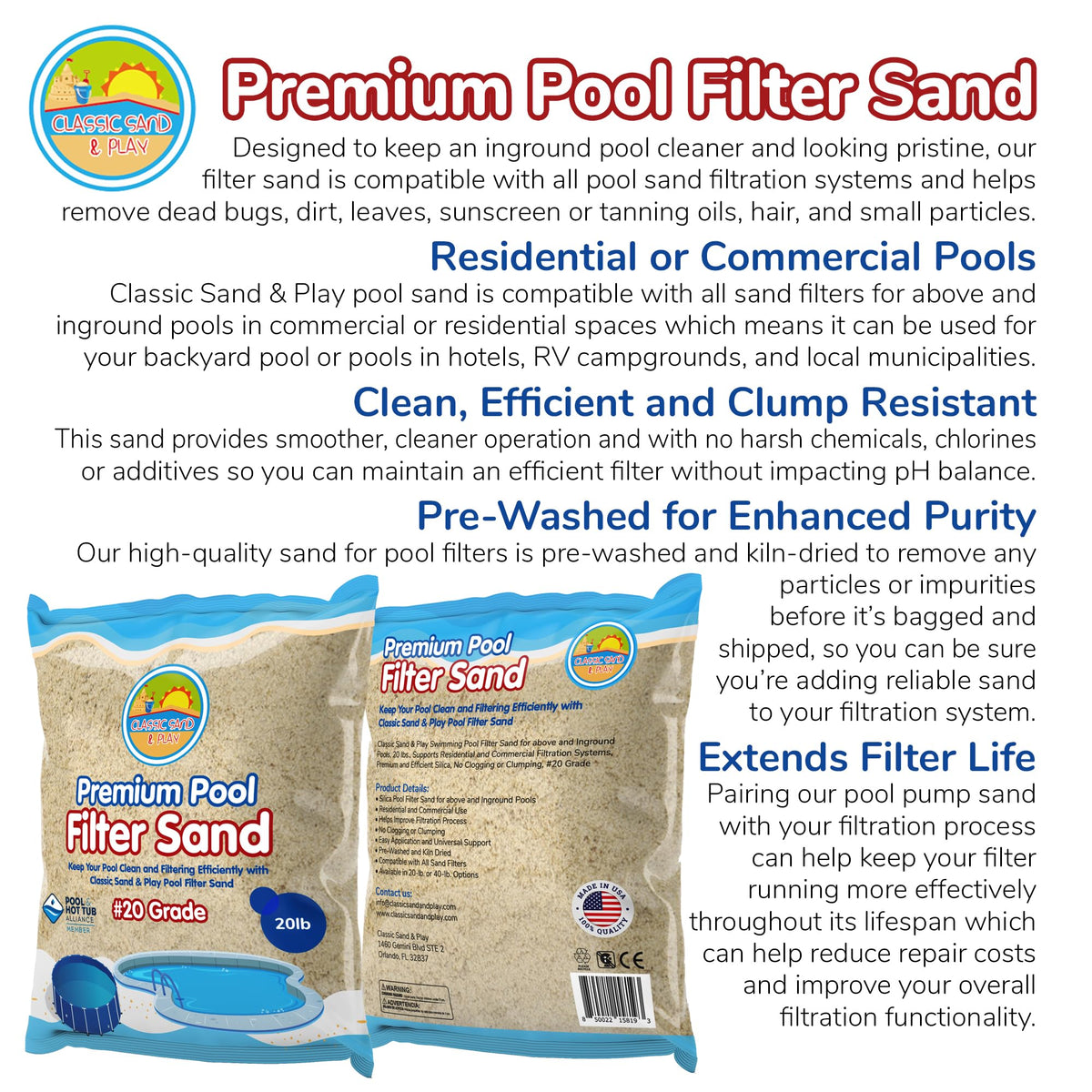 CLASSIC SAND & PLAY silica grains close-up for effective particle capture in filters.
