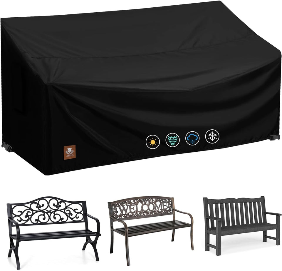 ClawsCover 2-seater bench cover protects a patio bench from sun and rain