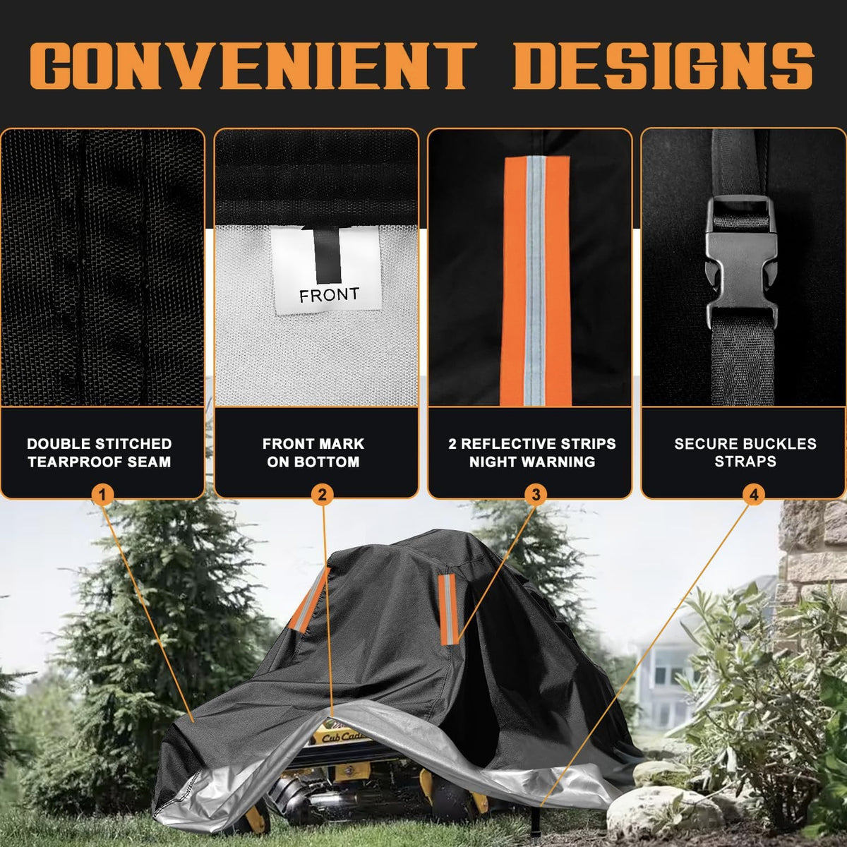 ClawsCover tear-resistant 210D fabric showcases durable mower protection against wind and dust.