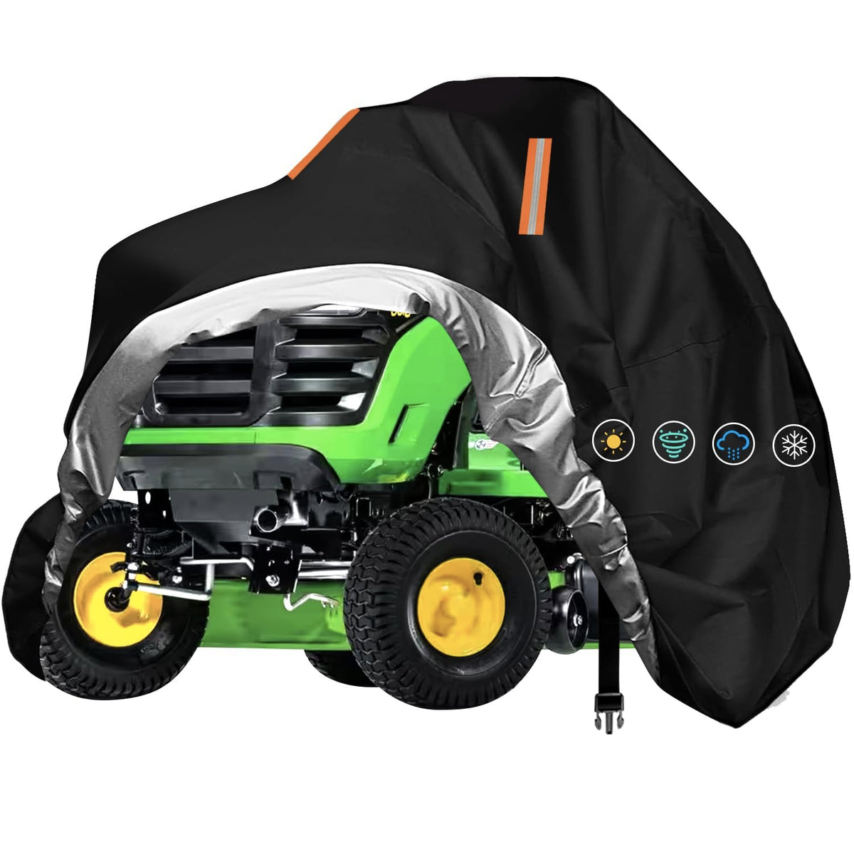ClawsCover riding mower cover close-up shows tear-resistant fabric protecting the deck
