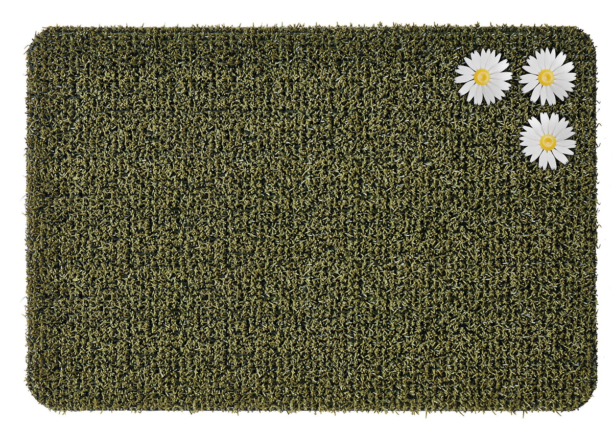 Clean Machine Daisy Urban Green front-door mat with AstroTurf blades scraping dirt.