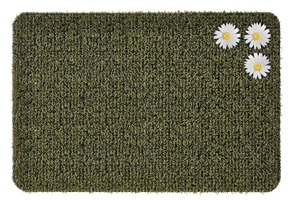 Clean Machine Daisy Urban Green front-door mat with AstroTurf blades scraping dirt.
