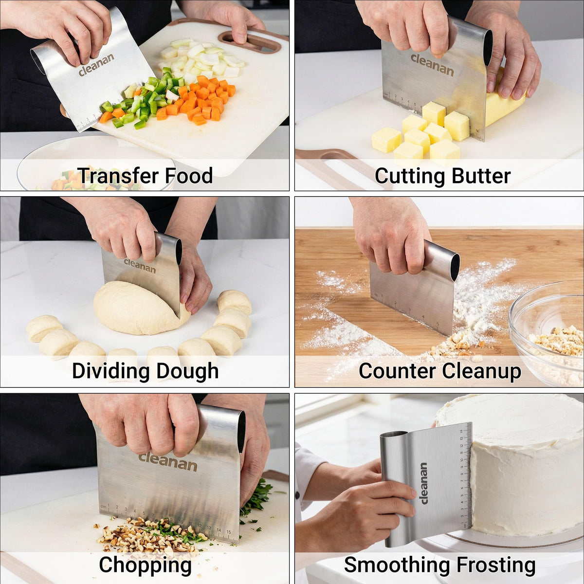 Cleanan bench scraper aids vegetable prep and quick ingredient transfer for efficient prep.