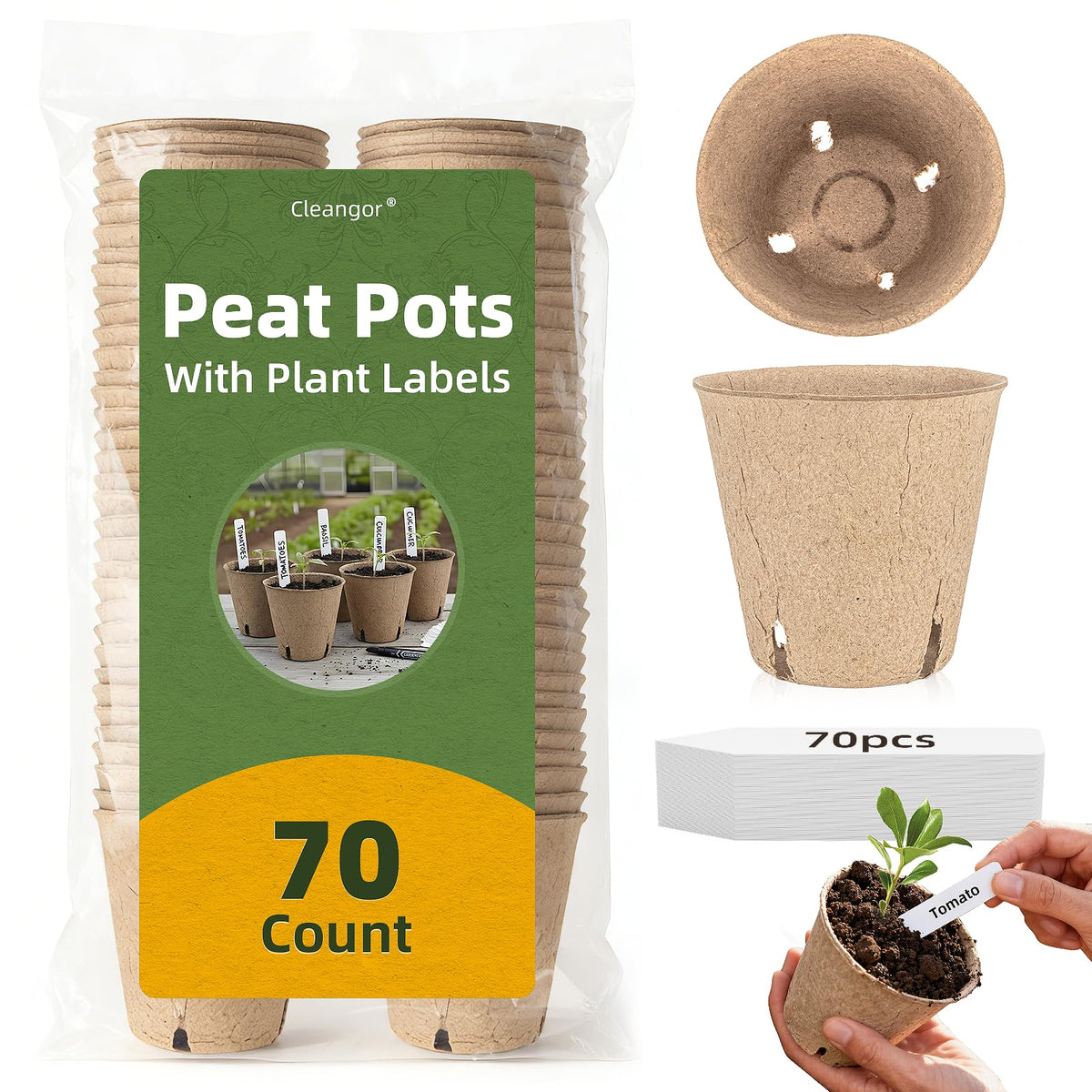 CLEANGOR 70Pcs peat pots with labels and drainage support easy seed starting.