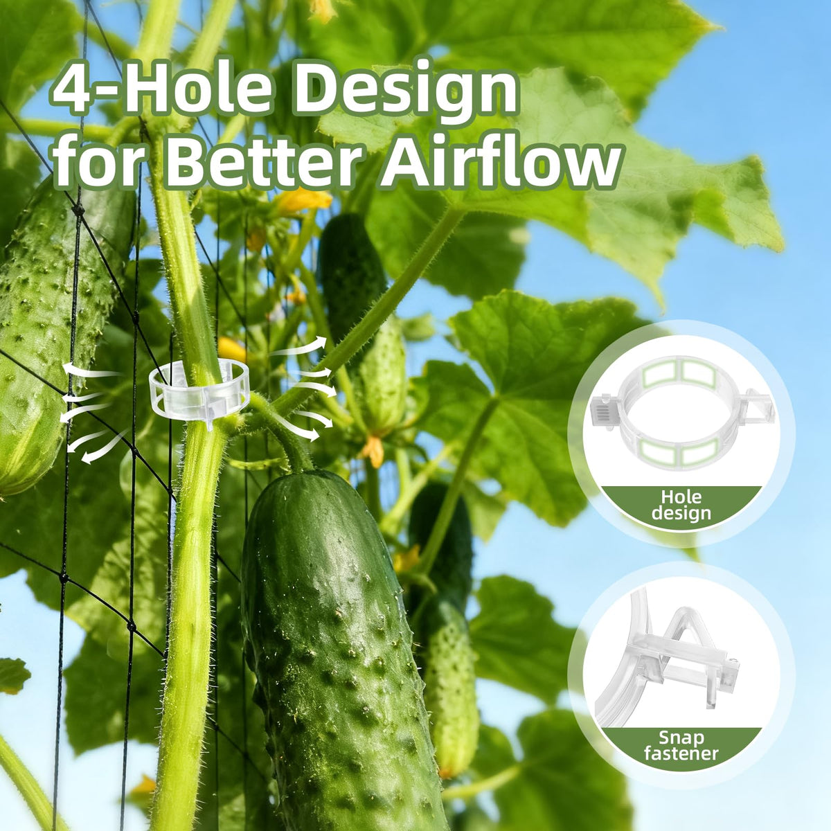CLEANGOR plant clips attaching to stakes with a simple buckle snap