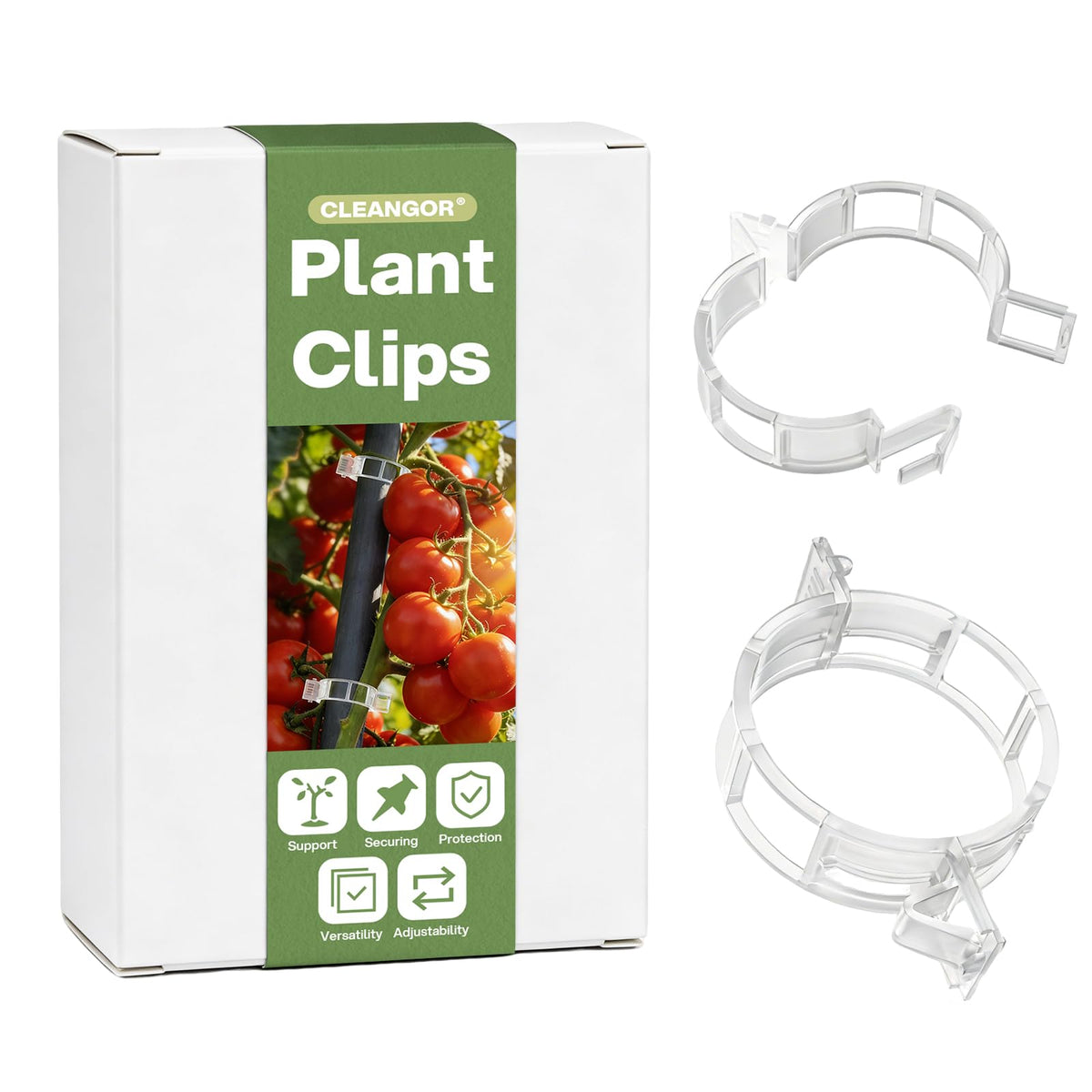 CLEANGOR plant clips securing tomato stems to a trellis for upright growth
