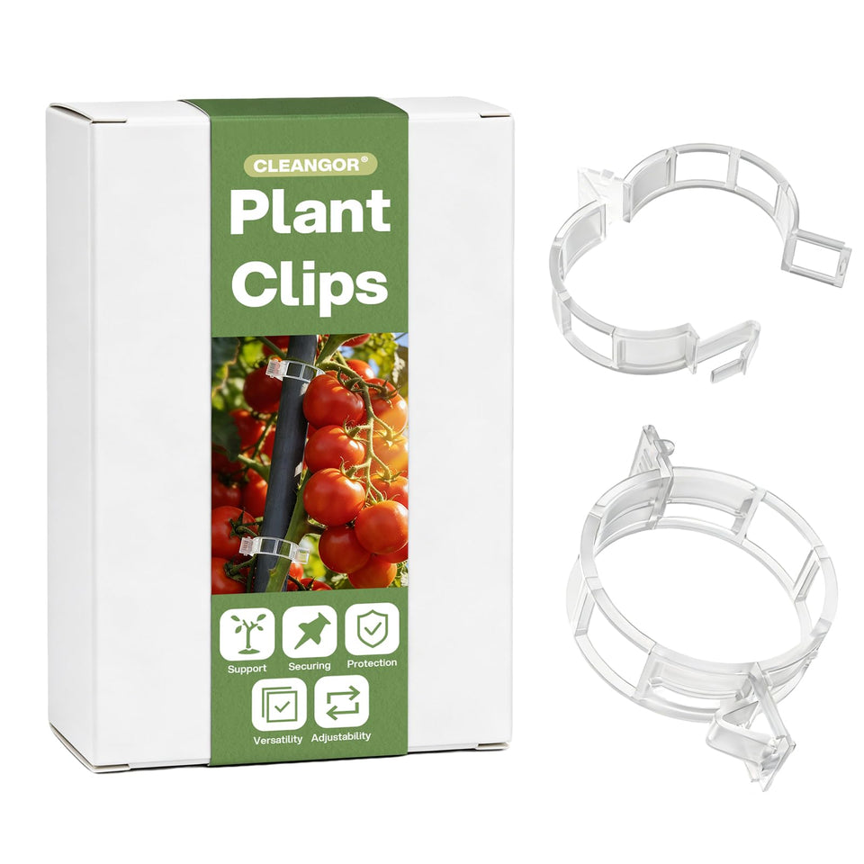 CLEANGOR plant clips securing tomato stems to a trellis for upright growth