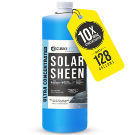 CLEANTITE Solar Panel Cleaner bottle closeup of concentrated formula for up to 128 gallons, cost-effective.