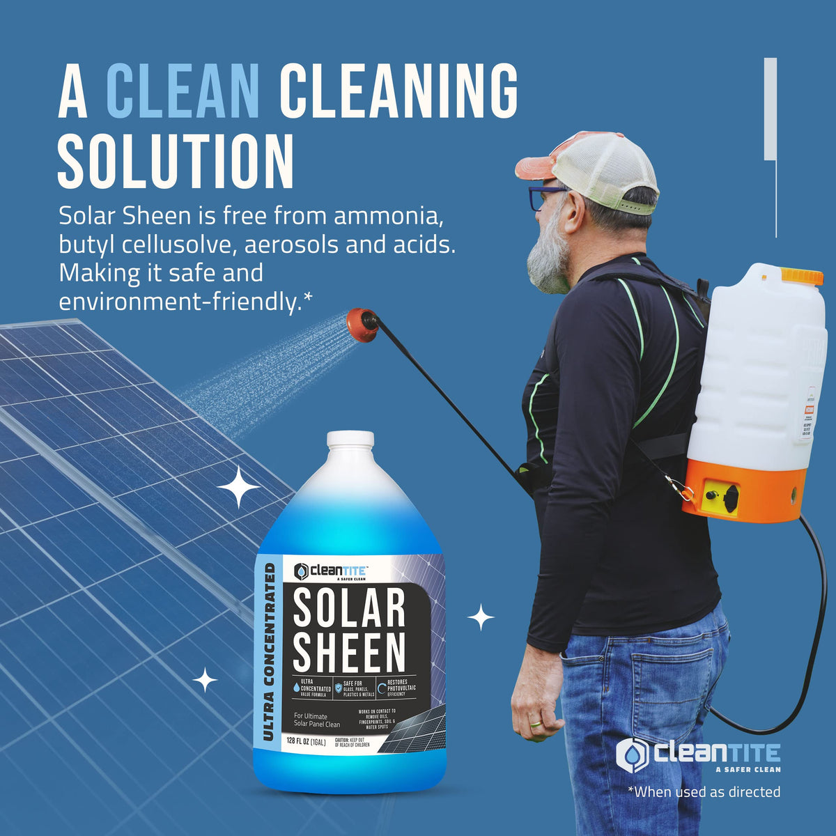 CLEANTITE Solar Panel Cleaner cleans glass and metal surfaces effectively.