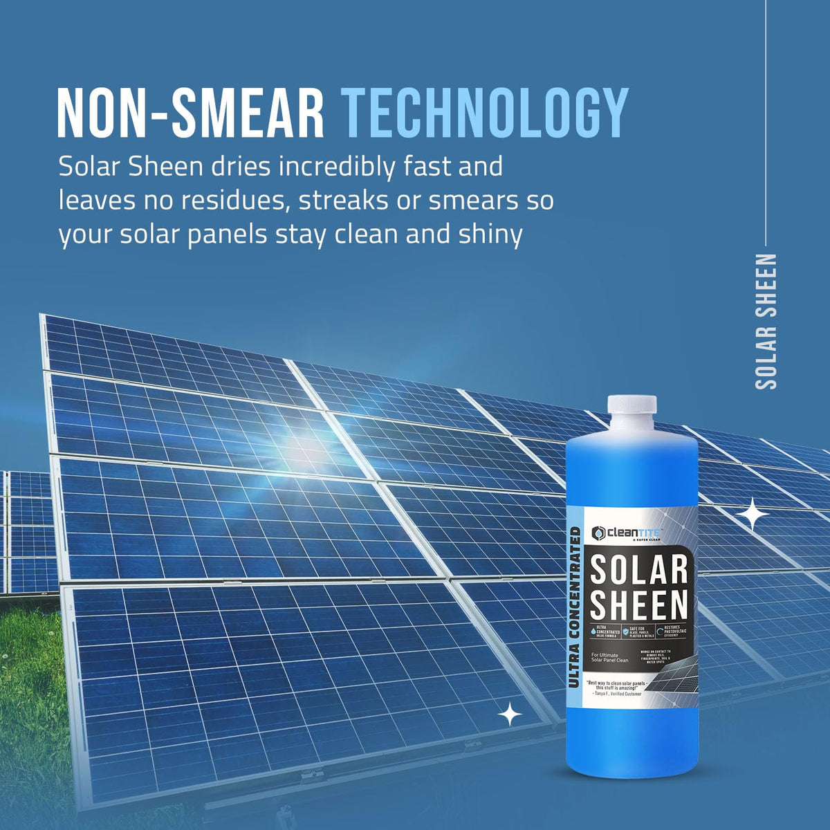 CLEANTITE Solar Panel Cleaner on glass panel demonstrates streak-free shine.