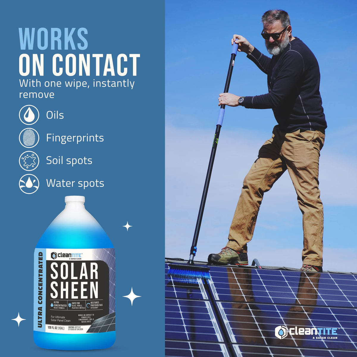 CLEANTITE Solar Panel Cleaner spray bottle in use on panels.