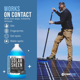 CLEANTITE Solar Panel Cleaner spray bottle in use on panels.