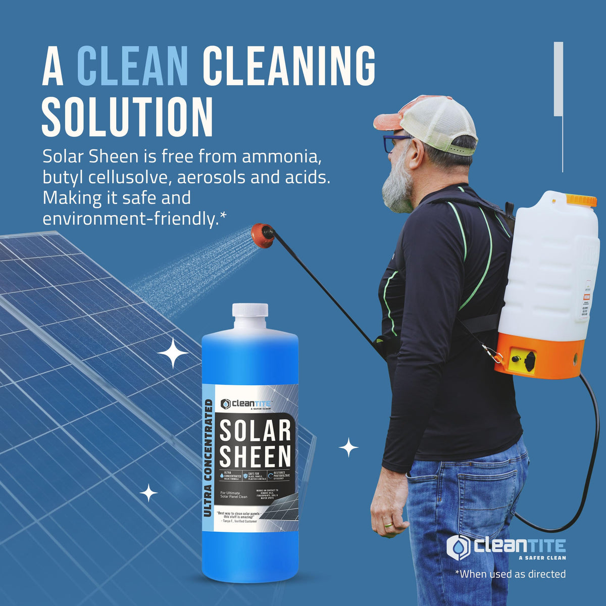 CLEANTITE Solar Panel Cleaner removes water spots and fingerprints for clearer PV surfaces.