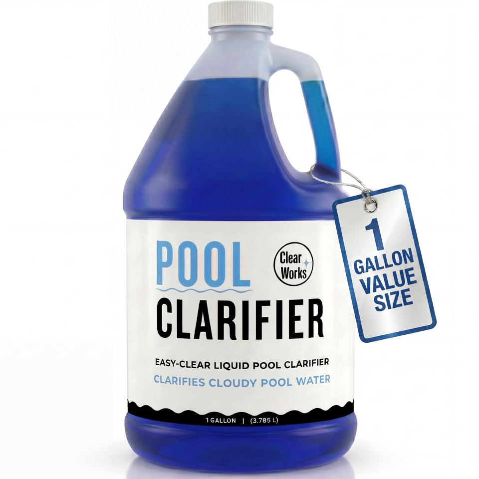 Clear Works Pool Clarifier bottle pour demonstrates dosing for clearer water