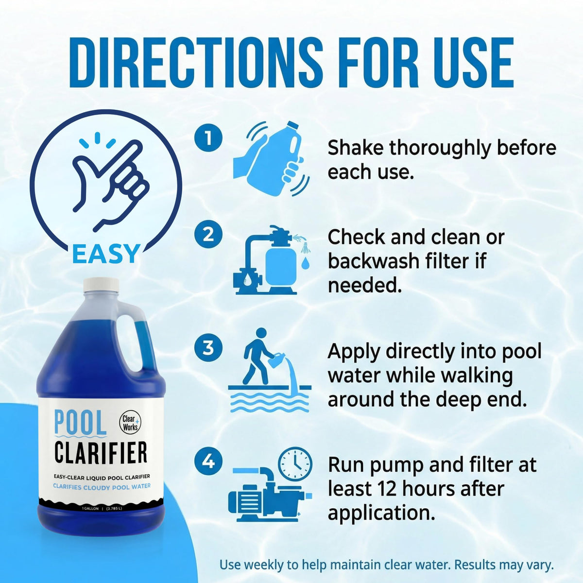Clear Works Pool Clarifier circulation action demonstrating particle clumping